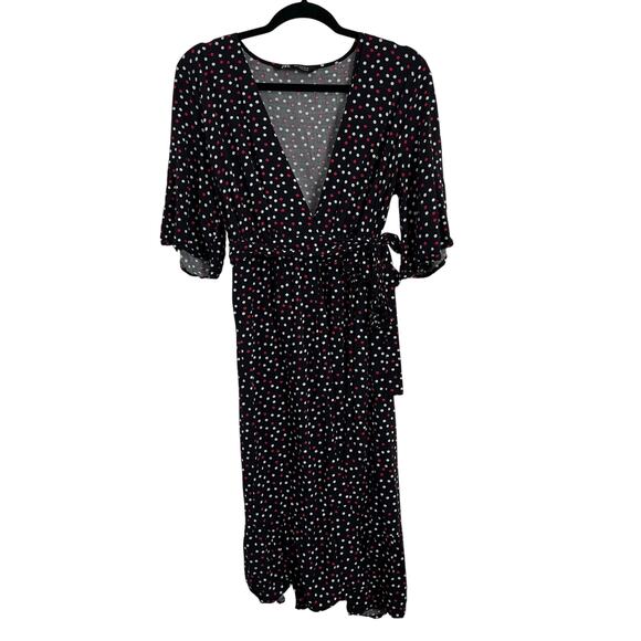 Zara Short Sleeve Black Polka Dot Wrap Midi Dress Women's Size Medium - Picture 1 of 11